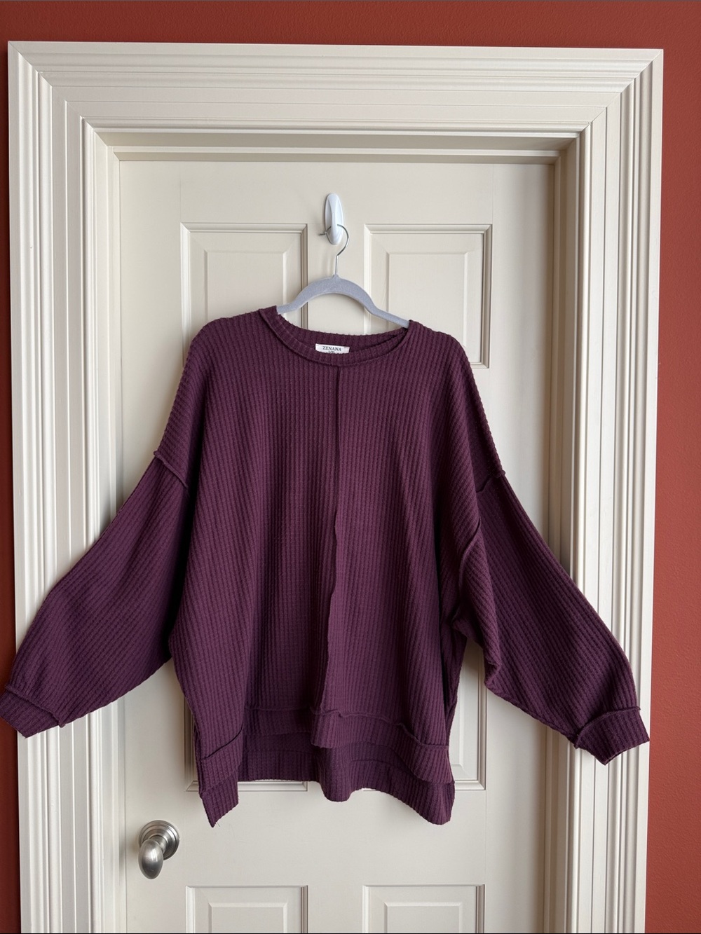 Zenana Outfitters Oversized Waffle Crew Sweater - Plum